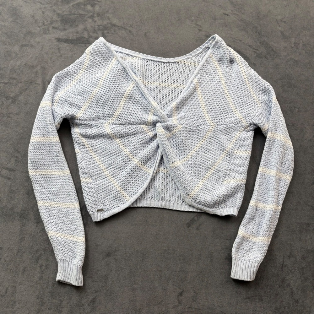 Hollister Blue White Striped Twist Front Cropped Knit Sweater Medium